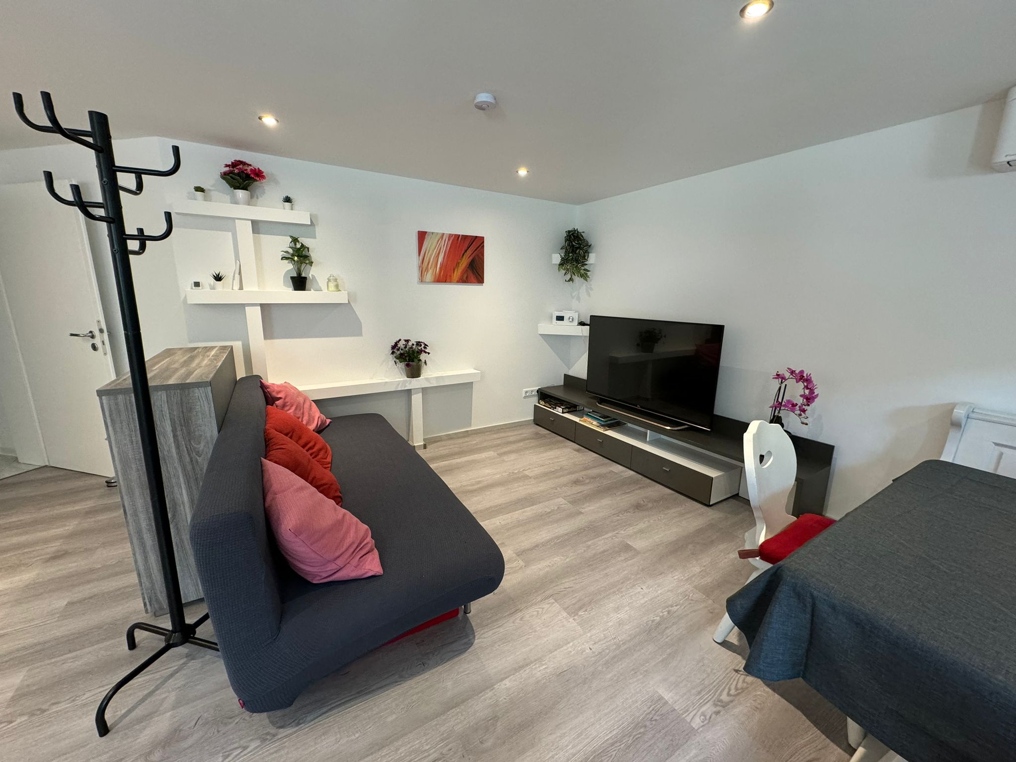 Wohnzimmer mit Schlafcouch und Smart-TV